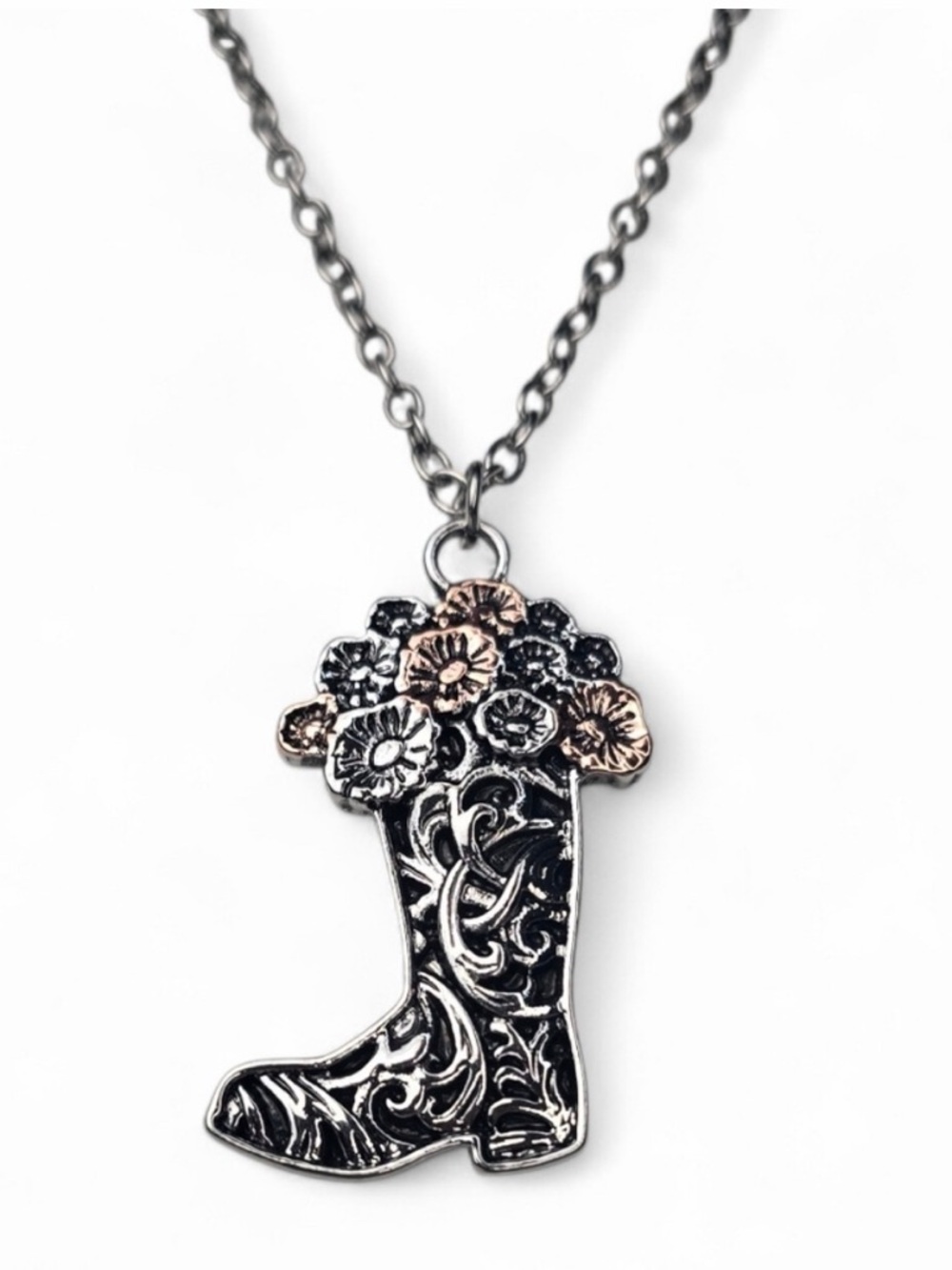 Justin Boots Two-Tone Floral Western Boot Necklace - Silver and Rose